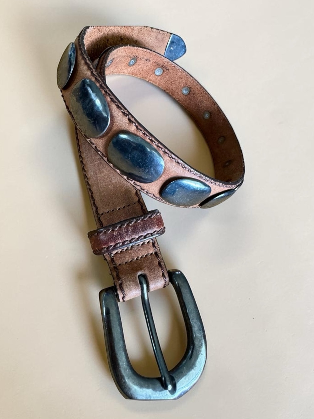 Vtg 80s Billy Brown Leather Concho Belt Silver Coated Pewter Sz 28 Western Boho